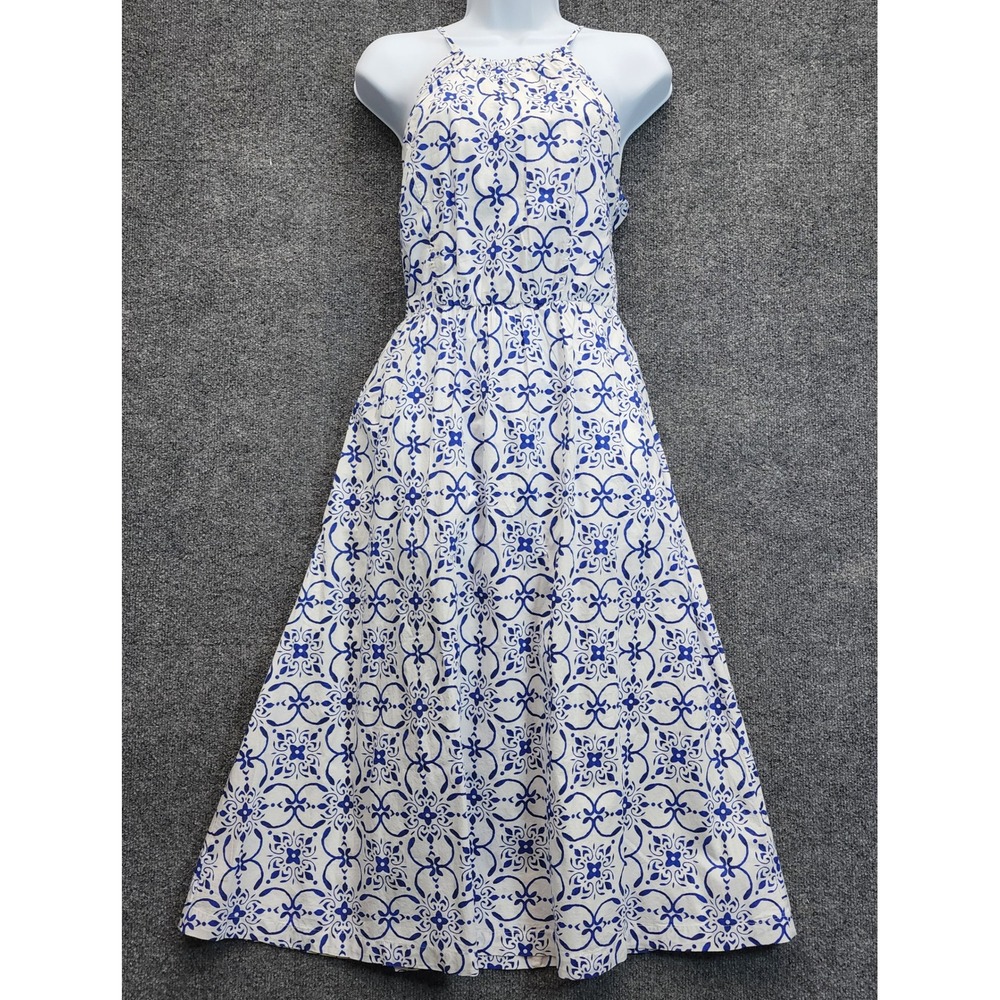 J.Crew Blue White Mediterranean Tile Print Halter Cotton Midi Dress Women Size 4